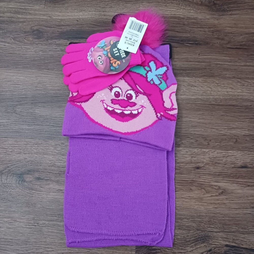 New DreamWorks Trolls Hat Scarf Gloves Set Girls Sz 4-6x Poppy 3 Piece Set